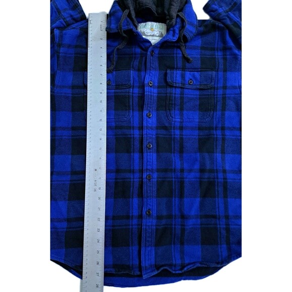 American Eagle Flannel Hoodie Mens Medium Blue Black Plaid Heavyweight Vintage - Picture 9 of 10